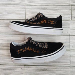Kids Black Leopard Fur Old Skool Vans Size 1 youth